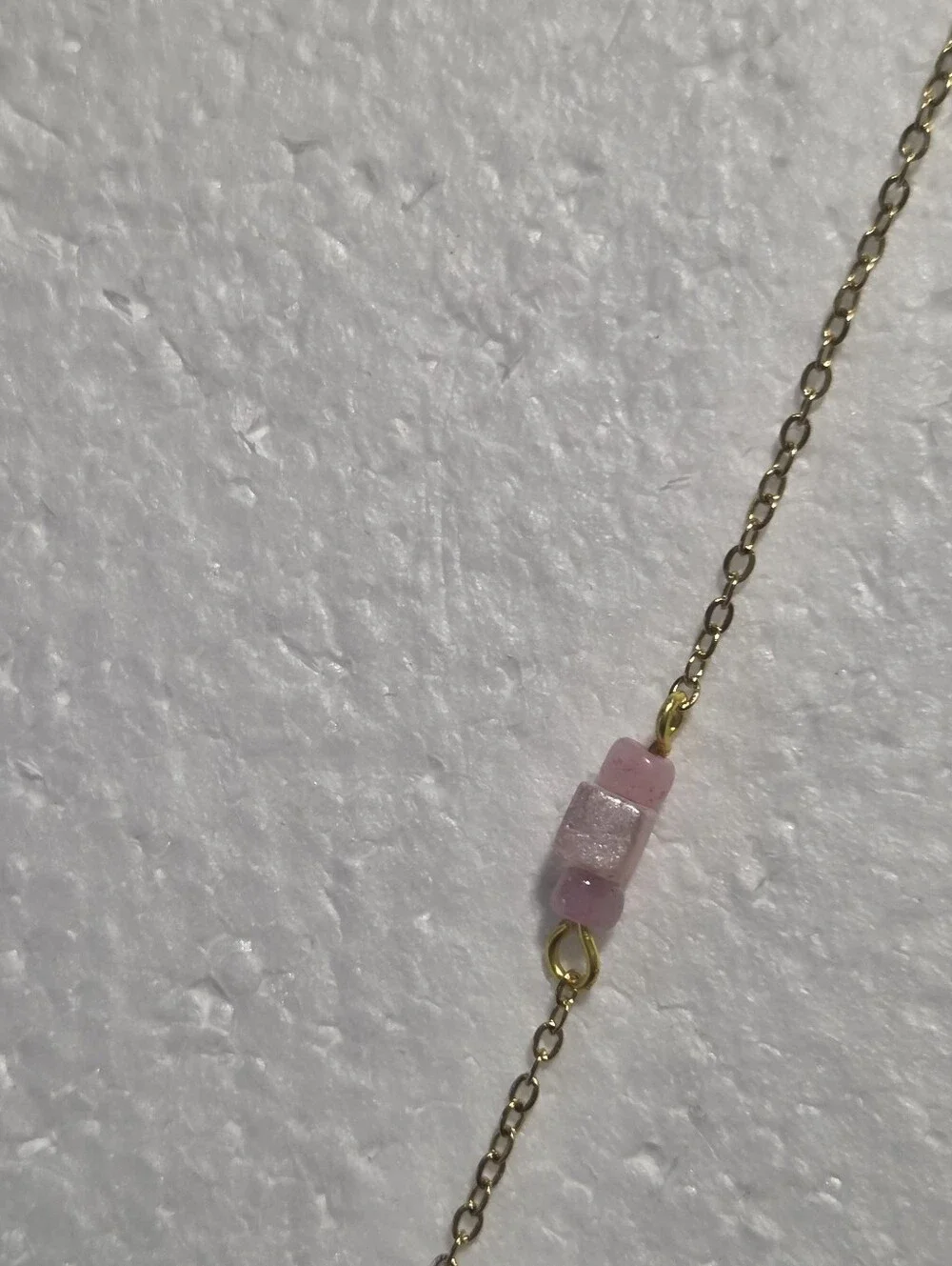 Handcrafted Gold Chain Station Necklace with Light Pink Bead Accents